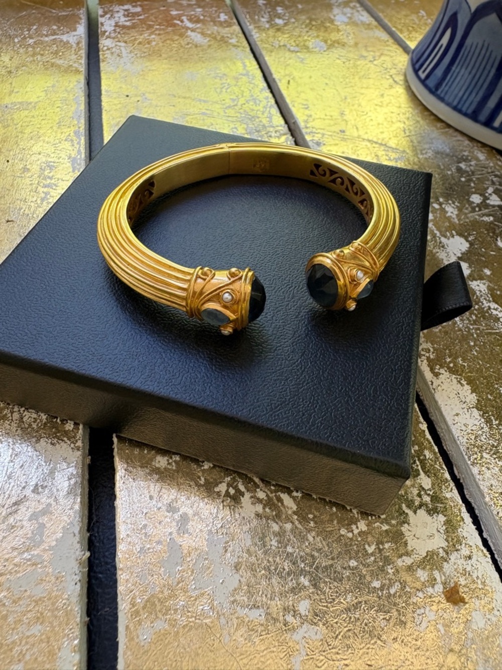 Julie Vos Gold Hinged Cuff Bracelet with Blue and Pearl Stones - Picture 9 of 9